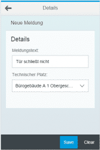 Smartphone-Ansicht der CONET Fiori-like App zum Erfassen einer Meldung