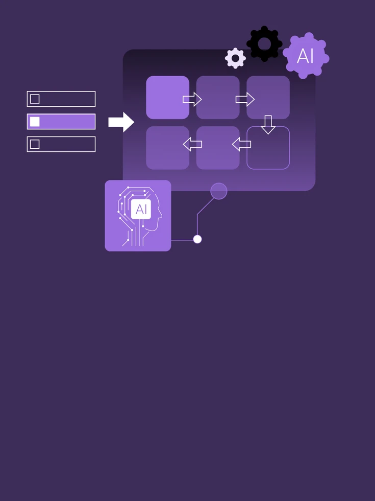 Architektur & Design Grafische Illustration zu Architektur & Design – vernetzte Module mit KI-Symbol und Pfeilen symbolisieren die technische Architektur und das Interaktionsdesign von AI-Agenten