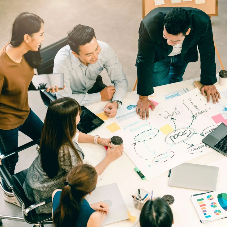 Teammeeting mit kreativer Strategieplanung Arbeitsgruppe diskutiert über ein großformatiges Diagramm und entwickelt gemeinsam Projektideen.