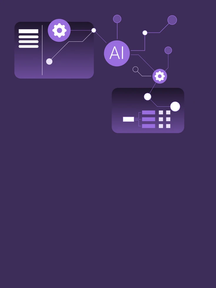 Personalisierte Front Ends Grafische Illustration zu Personalisierten Front Ends – vernetzte Module mit KI-Symbol und Einstellungs-Icons symbolisieren rollenbasierte, AI-ready Nutzeroberflächen für die Interaktion zwischen Mensch und KI