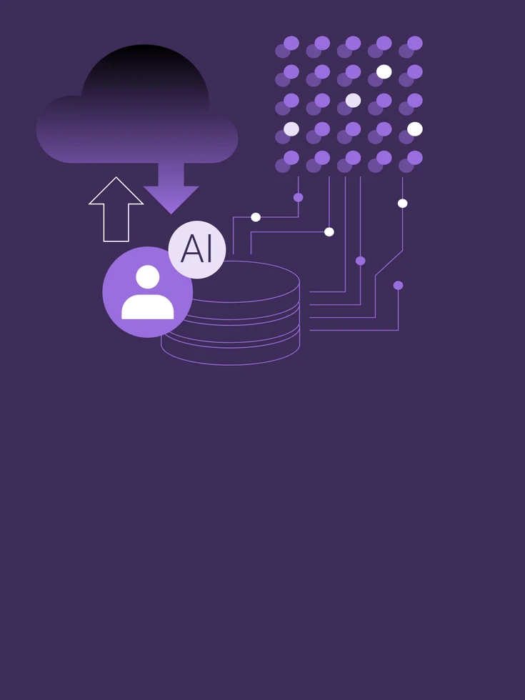 Technische Infrastruktur Grafische Illustration zu Technischer Infrastruktur – Cloud-Symbol, Datenbank, KI- und Nutzer-Icon mit vernetzten Punkten symbolisieren die skalierbare Infrastruktur für den Einsatz von AI-Agenten