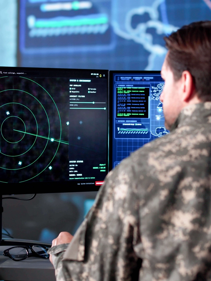 Militärische Cyberüberwachung in Echtzeit Soldat überwacht digitale Radarsysteme und globale Cyberdaten auf mehreren Monitoren.
