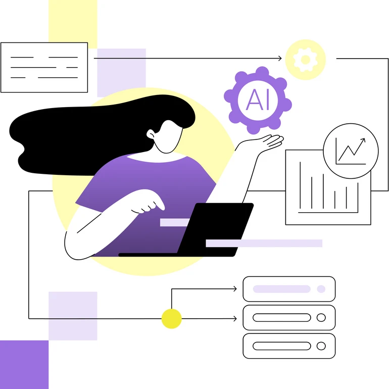 Agentic AI verbindet Systeme und Prozesse Grafische Illustration einer Person am Laptop, umgeben von KI-Symbol, Diagramm und vernetzten Systemen – symbolisiert den Einsatz von Agentic AI zur Automatisierung von Prozessen