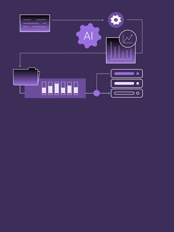 Enterprise Processes & Data Grafische Illustration zu Enterprise Processes & Data – vernetzte Datenspeicher, Server und KI-Symbol mit Zahnrad symbolisieren die sichere Integration von Unternehmensdaten und -prozessen für Agentic AI