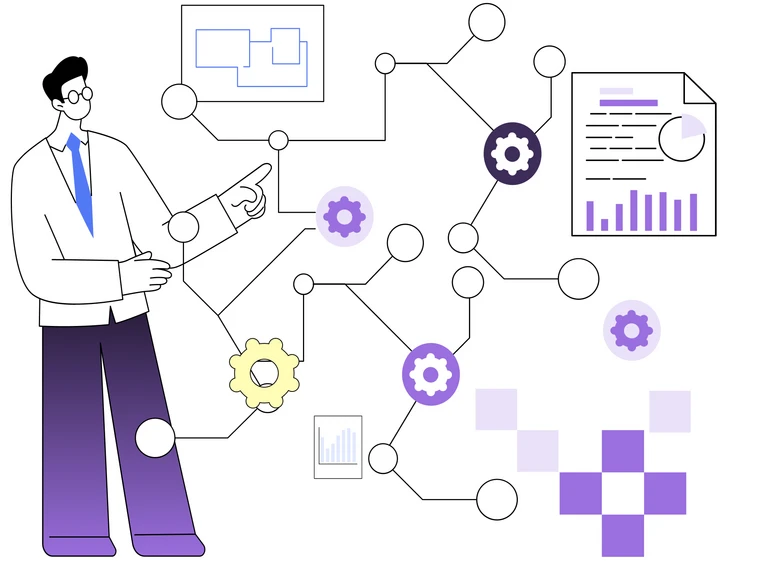 Illustration einer komplexen IT- und Datenlandschaft mit vernetzten Systemen, Prozessen und Schnittstellen