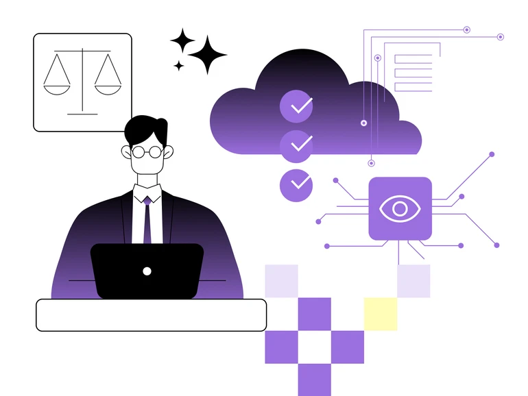 Illustration einer Person am Laptop mit Symbolen für Compliance, Cloud Security und IT‑Sicherheit