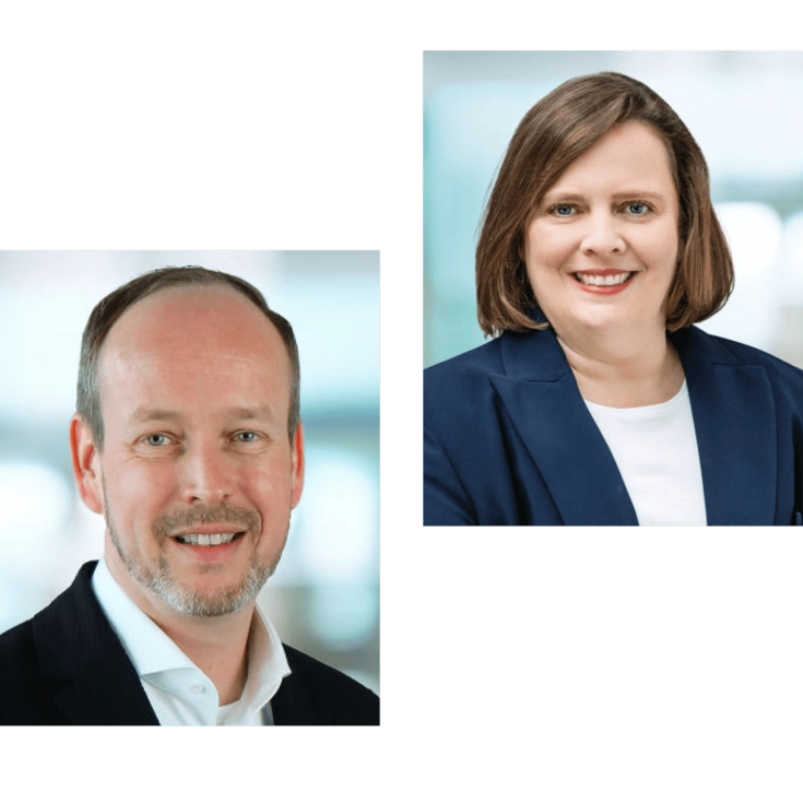 Geschäftsführung – Portraitbilder Zwei Portraitfotos von Mitgliedern der Geschäftsführung in formeller Kleidung, vor einem unscharfen Bürohintergrund.