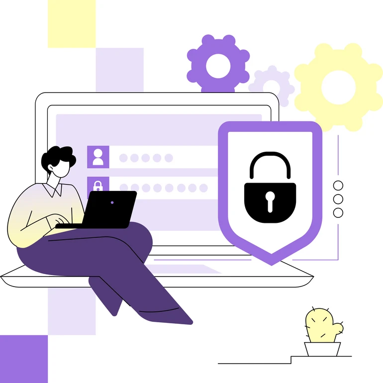 Illustration Mensch und IT-Systeme – sichere digitale Arbeitsumgebung und Prozesse